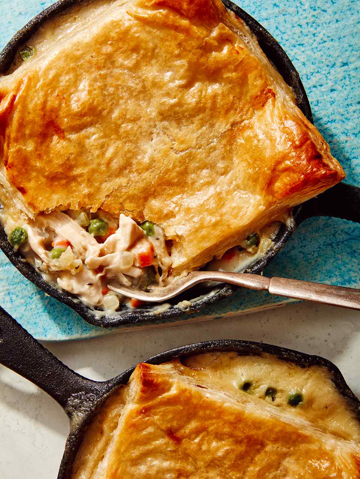 Easy chicken pot pie recipe made in skillets.